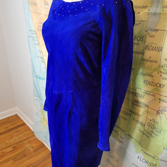Vintage Suede 1980s Electric Blue   Dress With Rhinestones Size M - Picture 4 of 16